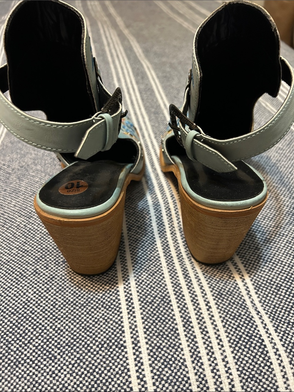 Women Chunky Heel Embroidery Buckle Boots Blue w/Flower Size 10 - Picture 3 of 7